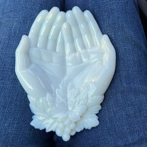 Vintage milk glass dish with pair of hands